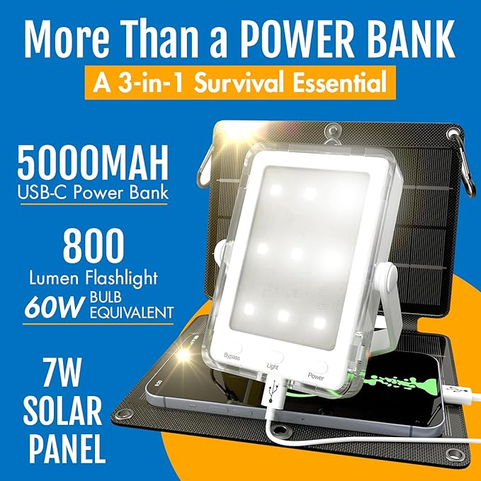 PRAANA 3-in-1 Solar Survival Kit, Emergency Flashlight with 5000mAh USB-C Power Bank & 7W Solar Panel for Power Outages, Camping, and Emergency Preparedness