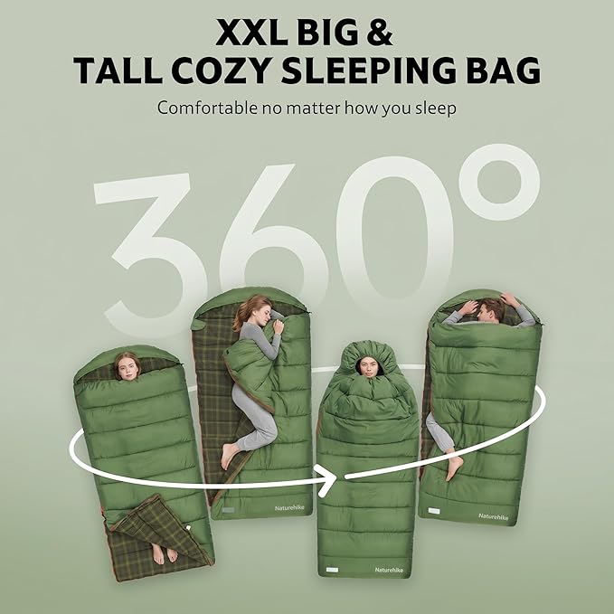 Naturehike Big & Tall Flannel Sleeping Bag for Adults, XXL Sleeping Bag for All Seasons, Machine Washable Sleeping Bags for Camping Hiking Hunting, Compression Sack Included