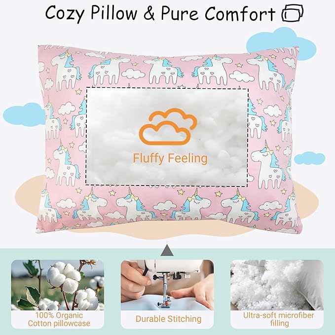 ZPECC Toddler Pillow with Pillowcase - 13x18 Organic Cotton Hypoallergenic Kids Pillow, Baby Essentials for Travel Crib Daycare Stroller (Intended for Age 2 and up) Pink Unicorn