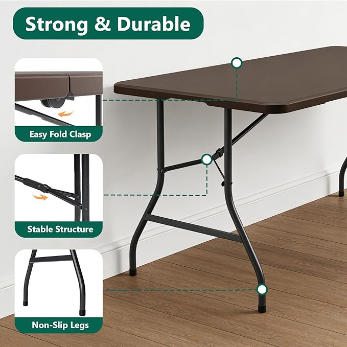 Folding Table, 5FT Foldable Picnic Table with Carrying Handle, Heavy Duty Fold-in-Half Portable Table for Weddings, Camping, RV Travel, Parties, BBQs, and Indoor Use, Easy to Fold and Store, Brown