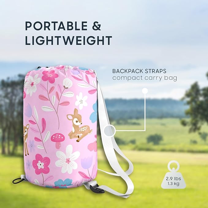 Wake In Cloud - Kids Sleeping Bag for Girls Toddlers, Camping in Warm Cold Weather, Backpacking Lightweight Compact Outdoor Liner for 3 Seasons, Deer Floral Garden
