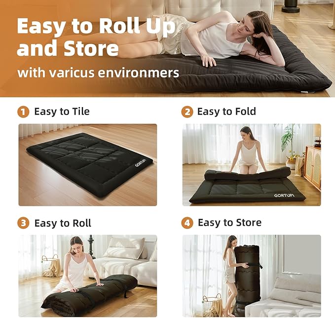 Queen Size Japanese Floor Futon Foldable Futon Mattress for Floor Tatami Mattress Portable Rollaway Bed for Guest Playmat for Kids Tatami Sleeping Pad Japanese Mattress for Adults Black A