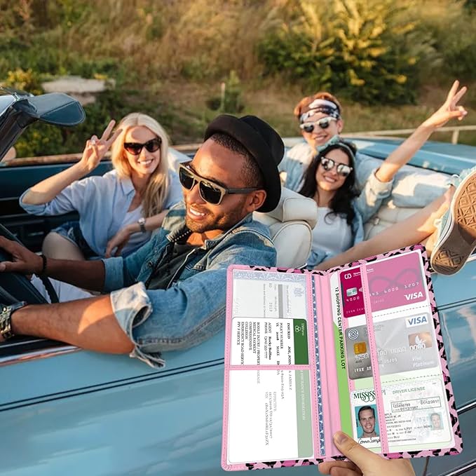 Car Registration and Insurance Holder, with Magnetic Closure for License, Cards and Documents, All Vehicle Needs and Car Accessories (Leopard-Pink)