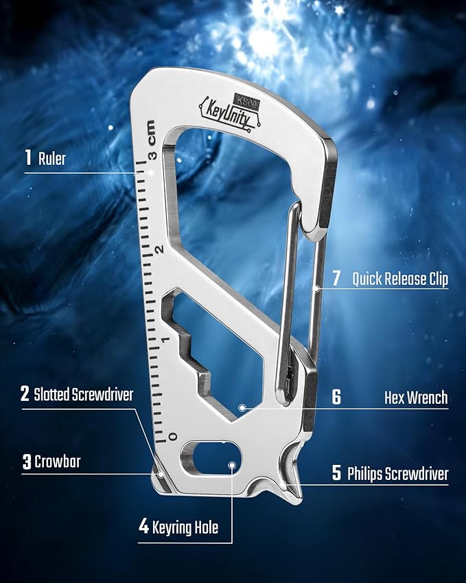 KeyUnity KS00S Carabiner Clip Multitool Stainless Steel 7 Tools in 1, Quick Release Clasp, Wrench, Cross Screwdriver, Slotted Screwdriver, Bottle Opener, Ruler, Key Holder (Silver,Small)