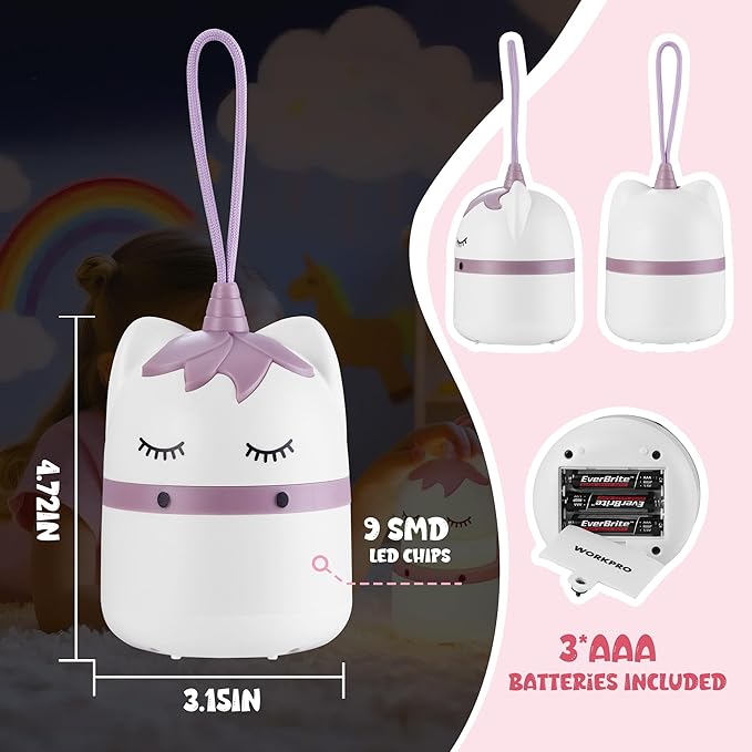 WORKPRO 2-Pack Kids Camping Lanterns with RGB Lights, Battery Powered with Lanyard, Fun Night Light Gifts for Kids - Unicorn Design