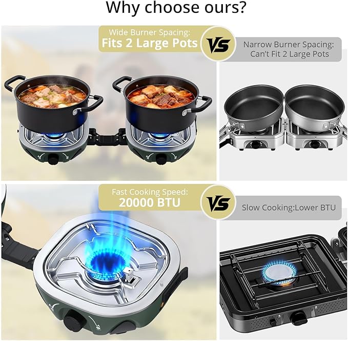 Anbte 20.6" Wide Spacing Propane Camping Stove, Folding Camping Stove with Adjustable Burners & Storage bag, Portable Handle for Outdoor Cooking Beach RV Travel BBQ Tailgating & Emergency Use, Green