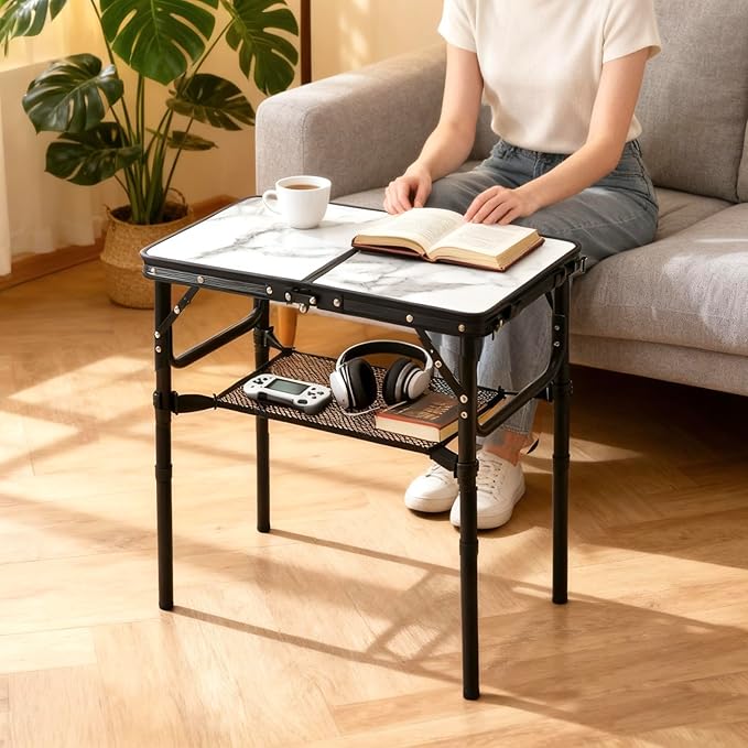 Folding TV Trays Foldable Dinner Tray Table Adjustable Height Food Snack Eating Couch Side Table Study Aluminum Portable Sofa Tray End Table for Outdoor Indoor Camp Pinic Bed Couch Living Room(Marble)