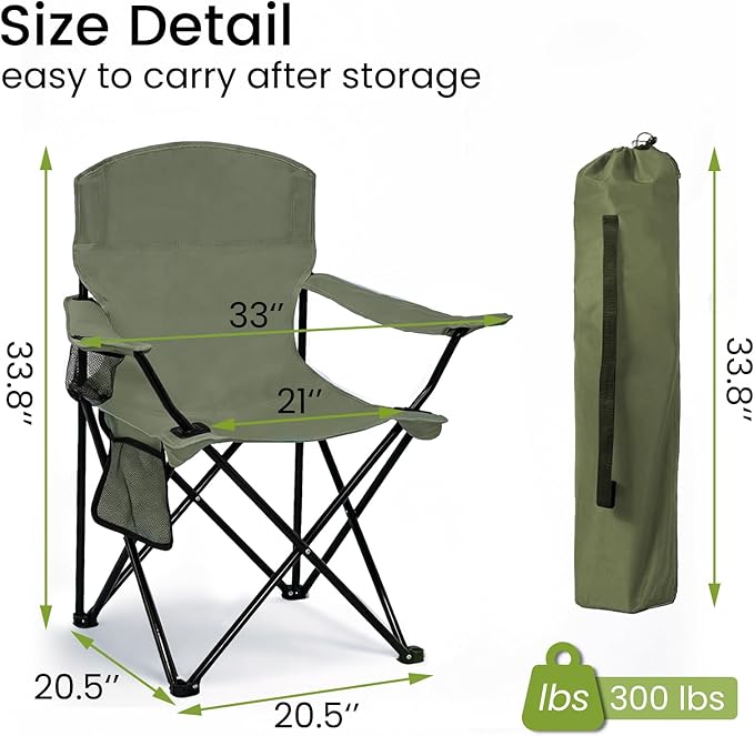 Camping Chair 2 Pack Portable Folding Chair, Supports 300lbs, Lightweight Stable Outdoor Chair for Camping Hiking Fishing Beach Travel Picnic, Compact Collapsible Camping Seat, Olive Green