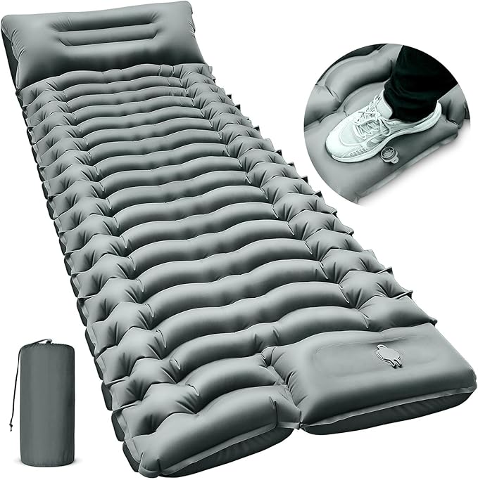 FUN PAC Camping Sleeping Pad, Ultralight Camping Mat with Pillow Built-in Foot Pump Inflatable Sleeping Pads Compact for Camping Backpacking Hiking Traveling - Gray