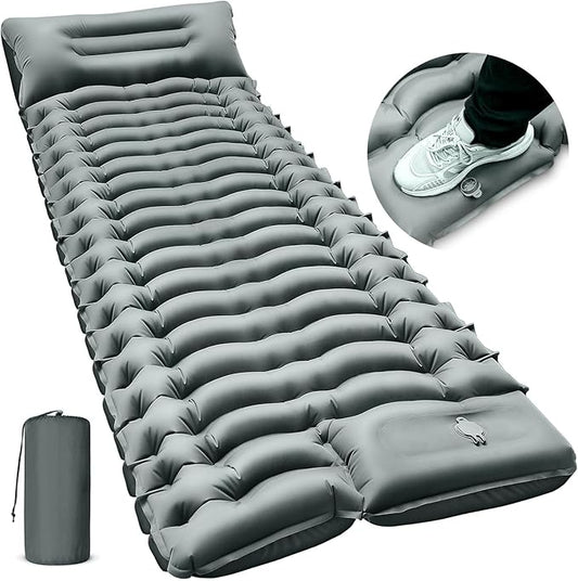 FUN PAC Camping Sleeping Pad, Ultralight Camping Mat with Pillow Built-in Foot Pump Inflatable Sleeping Pads Compact for Camping Backpacking Hiking Traveling - Gray