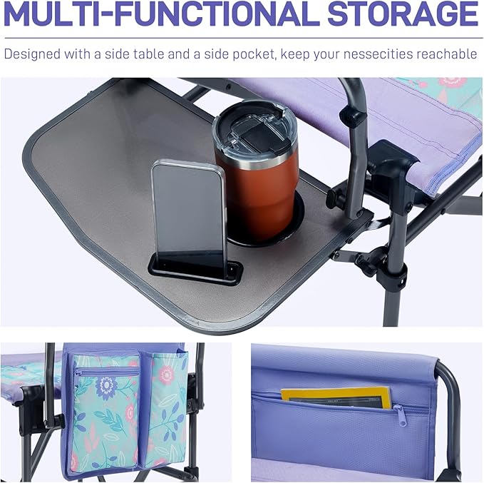 EVER ADVANCED Portable 30.7" Seat Height Tall Folding Camping Chair Directors Chair High Foldable Bar Stool with Side Table for Makeup Artist, Sports Event, Craft Show, Supports 350LBS