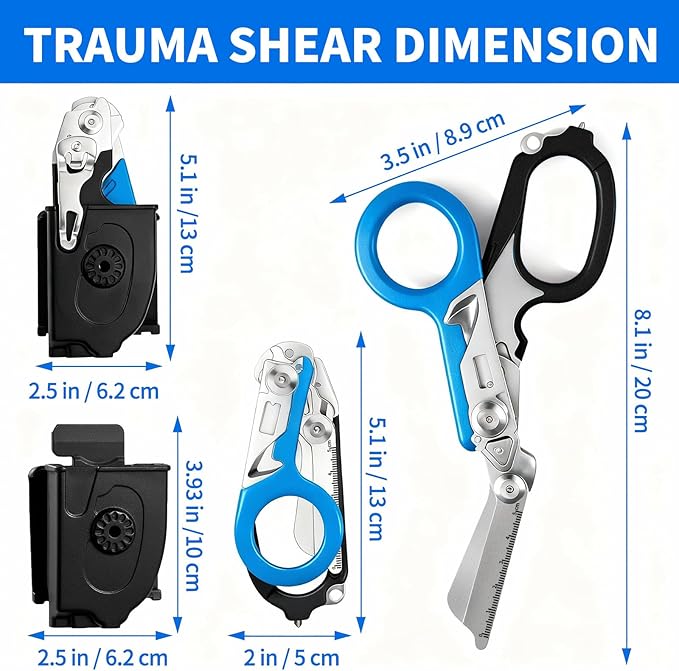Folding Trauma Shears for EMT Accessories, 6 in 1 Multi-function Medical Shears with Holster for Outdoor Camping, Emergency Rescue, First Responders (Black-Blue)
