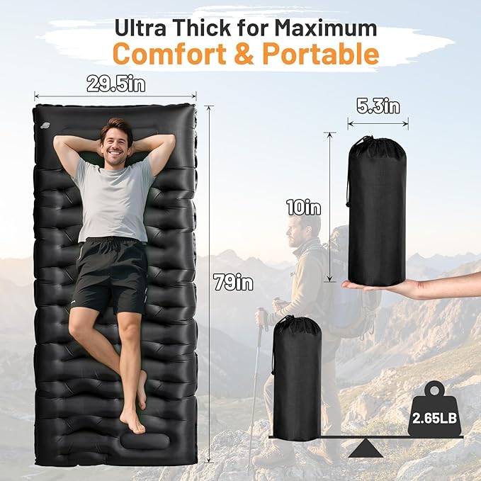 KASBAH Camping Sleeping Pad,Extra Wide 6 inch Thick Inflatable Sleeping Pads with Built-in Foot Pump and Pillow,Ultralight Camping Mat Gear for Outdoor Hiking,Camping