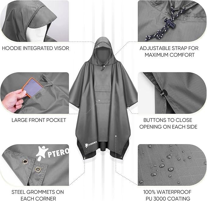 PTEROMY 3-in-1 Hooded Rain Poncho for Adult with Pocket, Waterproof Lightweight Unisex Raincoat for Hiking Camping Emergency
