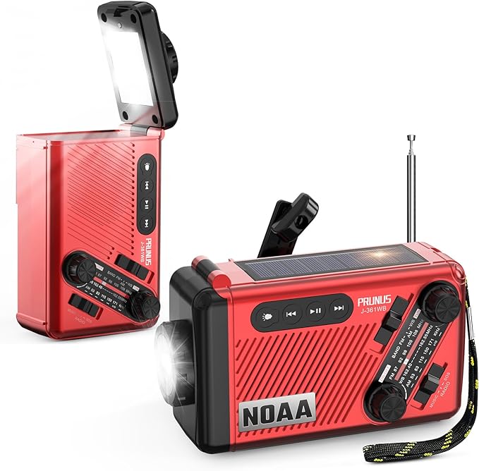 PRUNUS J-361 Emergency Weather Radio, 9250mWh Power Bank,AA Batteries/Hand Crank/Solar/USB Charging, NOAA/AM/FM, LED Flashlight,SOS Alarm & Flashlight, 1 Pack