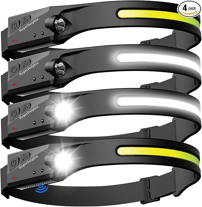 Headlamp Rechargeable LED (4 Pack) 230° Wide Beam, USB-C Lightweight Head Lamp, Long Runtime, Water-Resistant for Camping, Hiking, Running, Fishing, Repair Work