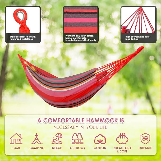 Gold Armour Brazilian Style Hammock with Tree Straps for Hanging, Portable Single Double Hammock for Camping, Outdoor, Indoor, Patio, Backyard (Pink Stripe)