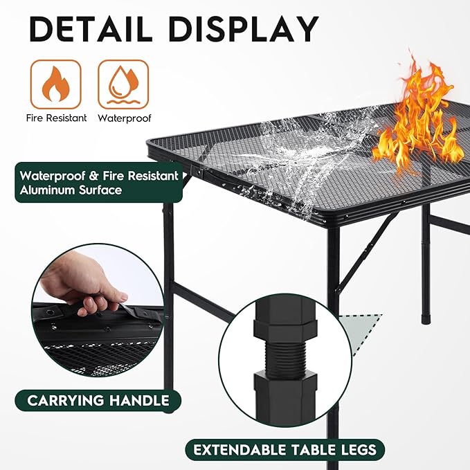 WildFinder 3x2 FT Folding Grill Table, Portable Camping Table for Outside, Adjustable Height Folding Table with Desktop & Mesh Bag, Lightweight Outdoor Table for Camping, Picnic, BBQ