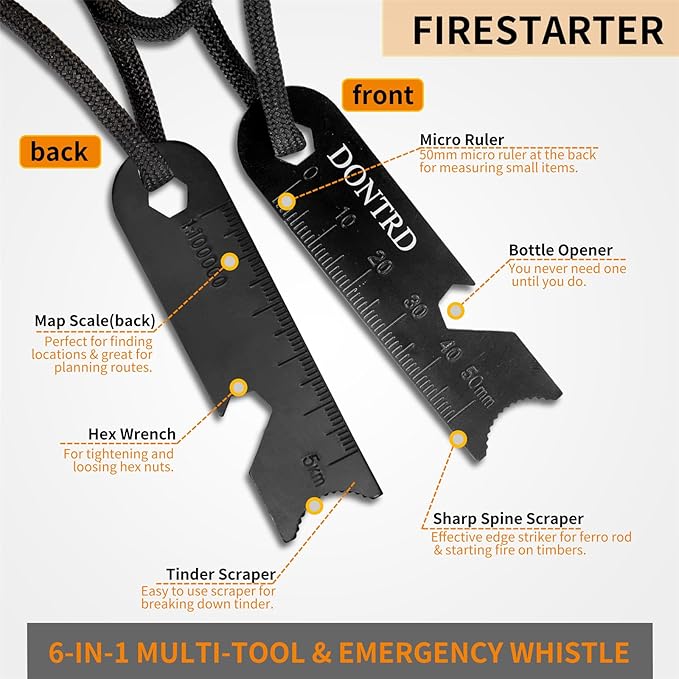 Fire Starter Survival Tool - Handmade Wooden Handle 3/8"" Thick Ferro Rod with Striker and Umbrella Rope Waterproof Iron Rod Flint and Steel Fire Starter Kit