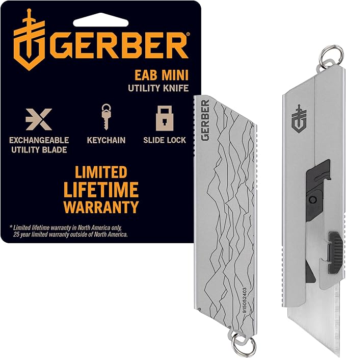 Gerber Gear EAB Utility Knife, Clips to Pocket or Keychain with Replaceable Razor Blade for Everyday Carry, EDC Gear with Box Cutter Retractable, Mini Silver