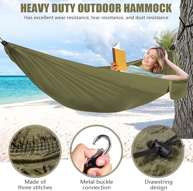 OBTANIM Camping Hammock 500lbs Portable Lightweight Single or Double Hammock with Tree Straps and Carry Bag for Camping Backpacking Hiking Travel Beach Outdoor Indoor (Army Green)