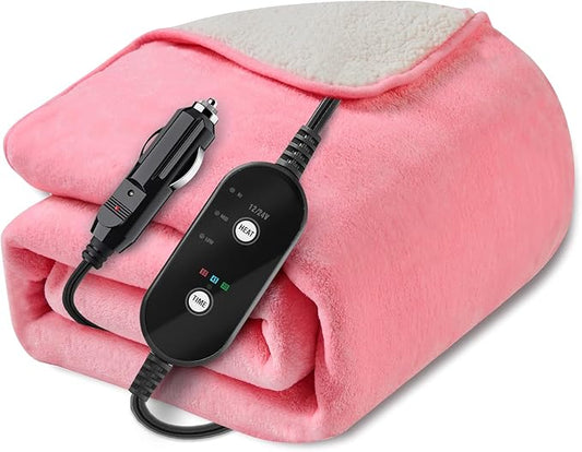 12V/24V Heated Car Blanket, Electric Blanket Flannel Heating Throw for Car, SUV, RV, or Camping, 60" x 44", Hi/M/Lo Heating Settings, Auto-Off Timer,Pink