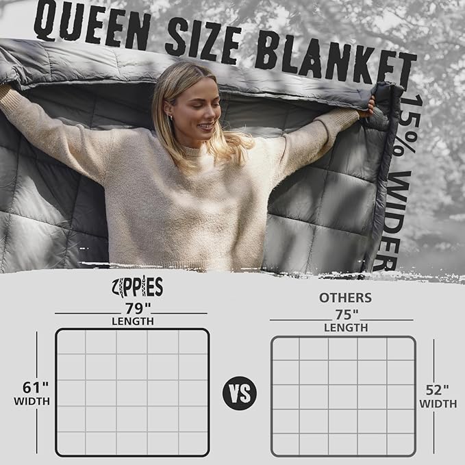 ZIPPIES 3M Thinsulate Insulation Puffy Camping Blanket for Cold Weather, Queen Size Warm Camping Quilt with Zipper, Waterproof Outdoor Sleeping Bag for Hammock, Cozy & Versatile Gift for Men and Women