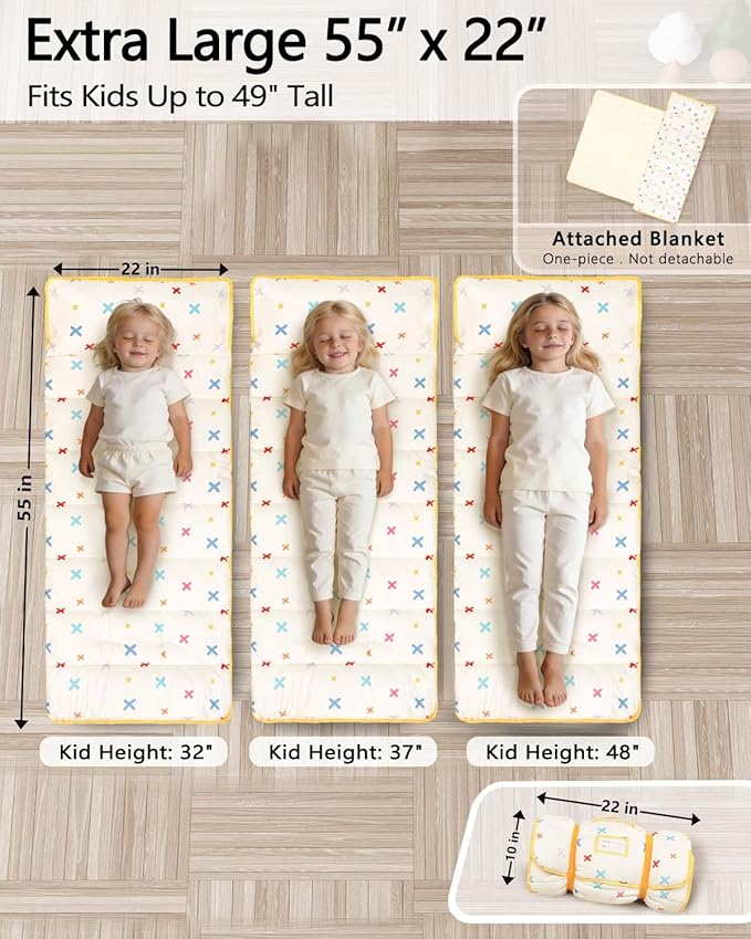 Primlect Thickened Toddler Nap Mat with Removable Pillow and Minky Blanket, Extra Large 55''x35'' Sleeping Bag, Washable, Roll up, Perfect for Daycare, Preschool, Kindergarten, Boys and Girls Beige