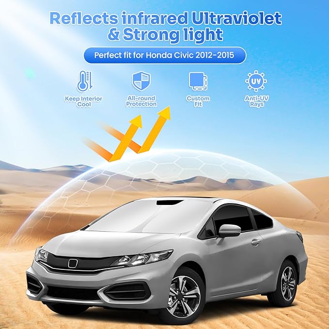 Canvcle Window Shades for 2012-2015 Honda Civic Accessories Windshield Sun Shade Side Rear Window Cover Sunshade Sun Visor Shield Privacy Protection for Camping Keep Vehicle Cool Black 6PCS