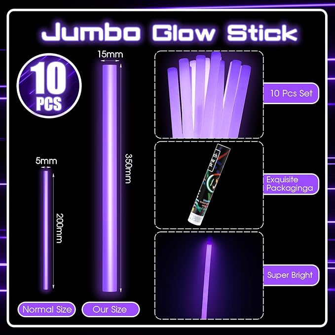 Lewtemi 10 Pcs Large Glow Sticks Big Giant Jumbo Halloween Christmas Emergency Light Stick for Camping Accessories, Survival Kit