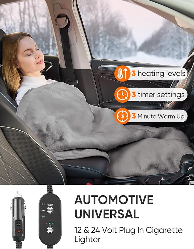 12V/24V Heated Car Blanket, Electric Blanket Flannel Heating Throw for Car, SUV, RV, Camping, 60" x 44", Hi/M/Lo Heating Settings, Auto-Off Timer,Grey