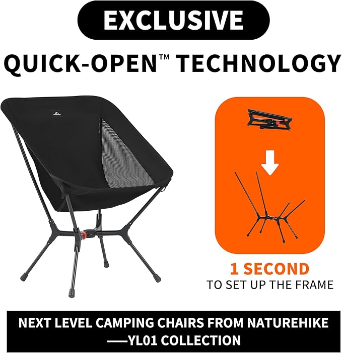 Naturehike YL01 Snap Camping Chair, 1 Second Setup Frame, 441lb Capacity Camp Chair, Portable & Lightweight Backpacking Chair