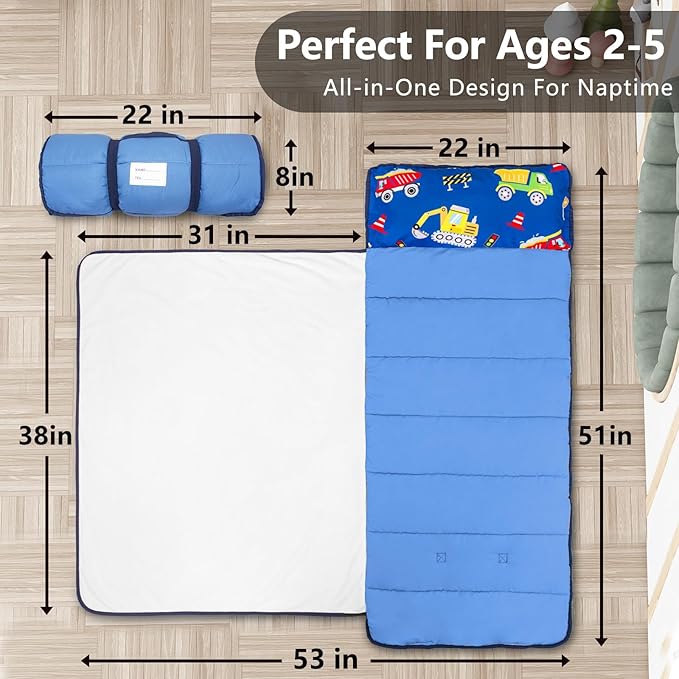 Primlect Lightweight Toddler Nap Mat, Portable Rolled Design Perfect for Daycare Travel, 51”x31 All-in-One Sleeping Bag with Removable Pillow and Fleece Blanket for Boys Girls, Machine Washable