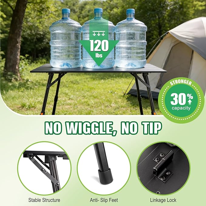 Portable Camping Table Foldable: No-Assembly Aluminum Folding Camping Table with Height Infinitely Adjustable & Carry Bag - Camp Table for Camping, Picnic, Beach, RV, BBQ