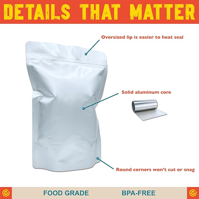 1 Quart Mylar Bags, 16 Mil Total Thickness, Stand-Up Resealable Mylar Bags for Food Storage, Freeze Dryer [60-Pack | 7" x 10" x 4"]