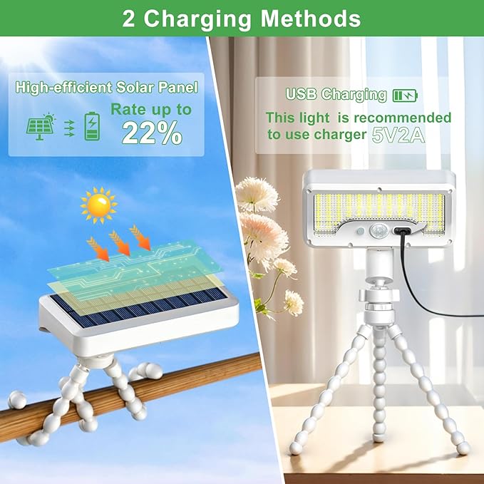 Tryme 92 LED Solar Lights Outdoor Waterproof with Motion Sensor, Octopus Stand, Adjustable Angle, Optical Diffuser Lens, 3 Modes, USB & Solar Powered, Fence Lights for Garden, Gate (1 Pack)