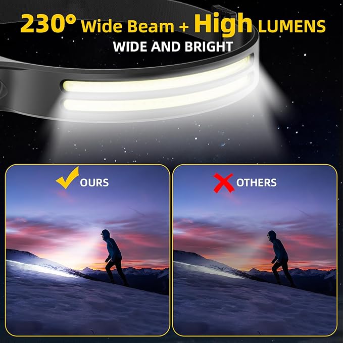 Beccason 3Pack LED Headlamp Rechargeable - 230° COB Super Bright Head Lights for Forehead, Hard hat Light for Adults, USB C Headband Flashlight for Work, Running, Hunting, Camping Essentials Gear