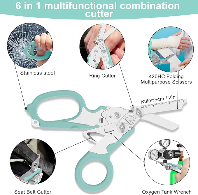 6-in-1 trauma shears - emergency responders, outdoor emergencies, medical staff, and outdoor camping, Gift box packaging with scissors storage K sheaths (Aqua blue)
