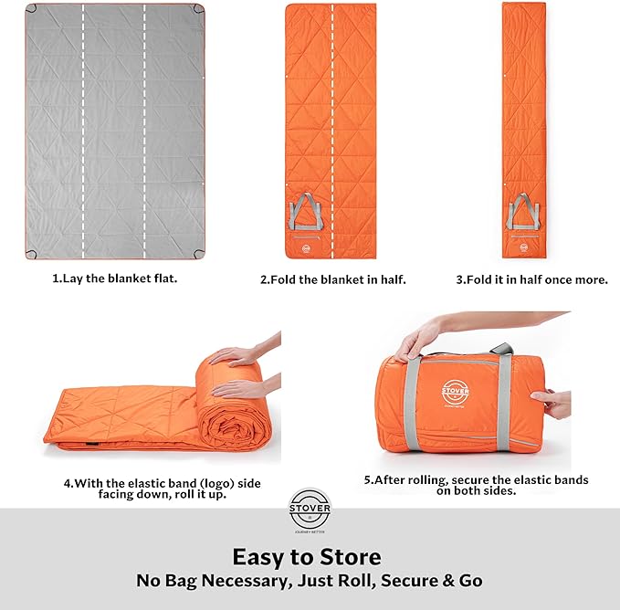 STOVER Large Waterproof Outdoor Stadium Blanket- Extra Thick Soft Fleece Camping Blanket for Travel, Picnics, Sports, Dogs- 79"x55" Warm, Windproof, Sand-proof, Lightweight, Packable (Game Day Orange)