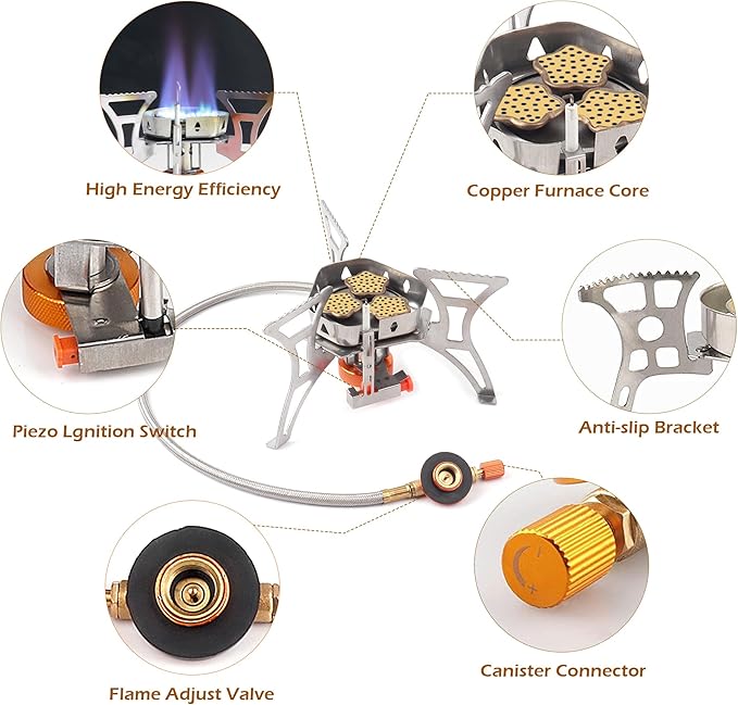 6800W Camping Stove with Fuel Canister Adapter, Portable Backpacking Gas Stove with Piezo Ignition, 1LB Propane Tank, Butane Adapter for Outdoor Cooking, Picnic, Camping and Hiking