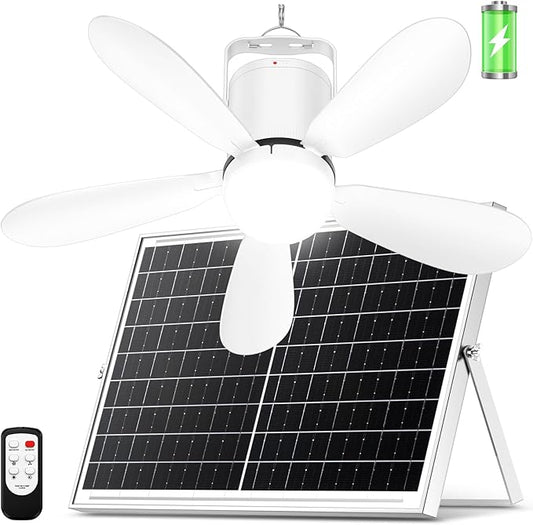 21” Solar Ceiling Fan Light, 30W Solar Powered Portable Gazebo Fan with Remote, Wireless Battery Operated Ceiling Fan Light Outdoor, for Camping RVs Tent Patio Canopy Chicken Coop Outside