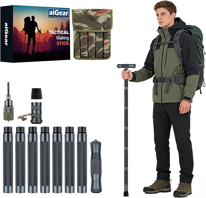 aiGear H3 Tactical Survival Walking Stick, Outdoor Hiking Staff Multitool Gear Adjustable Trekking Poles for Camping Hiking Survival 6-8 Tubes（with Multitool）