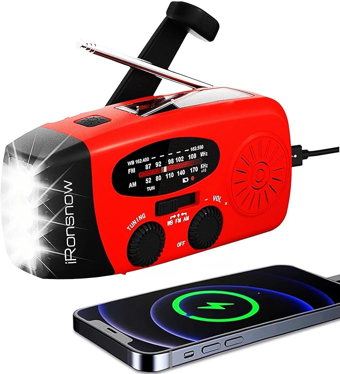 iRonsnow Solar Emergency Hand Crank Weather Radio, Portable Self Powered NOAA AM/FM Radios with SOS Alarm LED Flashlight 2000mAh Smart Phone USB Charger for Camping (Red)