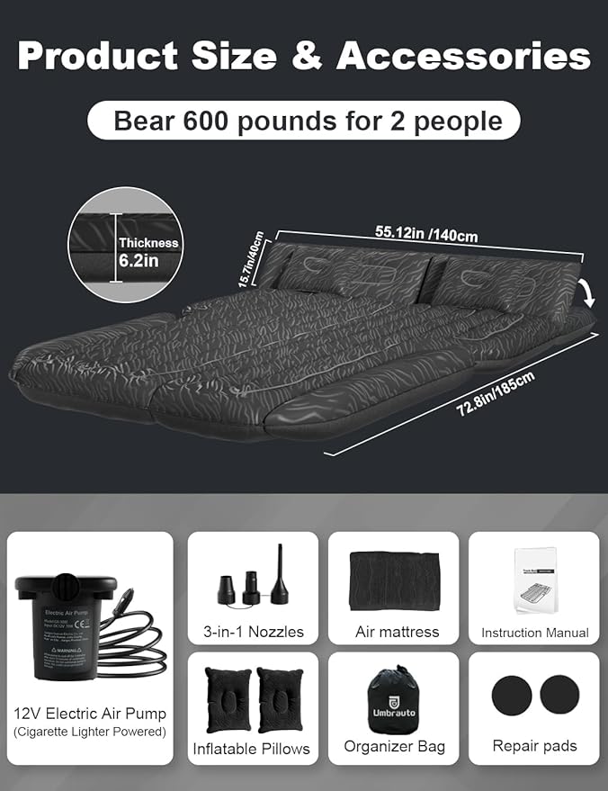 Umbrauto SUV Air Mattress for Back Trunk Folded Backseat, Inflatable Car Camping Bed for Sleeping Travel, Flocked Surface Reinforced Bottom Fits Most Size SUVs with Pump, Pillows, Carry Bag