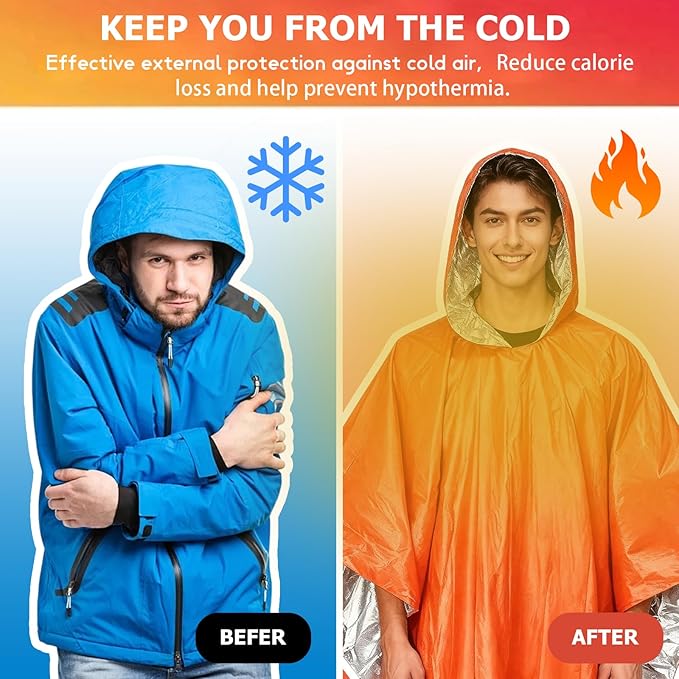 4 Pack Emergency Rain Ponchos, Emergency Insulation Blanket, Portable Outdoor Kit, Hurricane Preparedness Items, Waterproof, Windproof, Suitable For Camping Gear, Outdoor Travel(Orange)