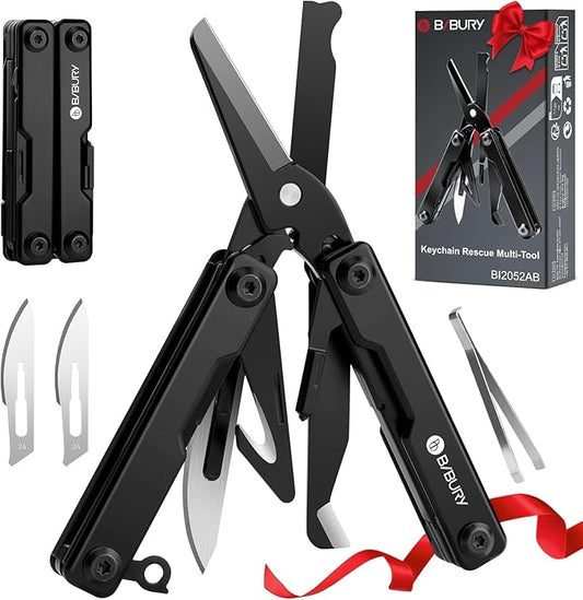 BIBURY Mini Multitool BI2052AB, EDC Multitool Scissors w/Window Breaker, Seat Belt Cutter, Bottle Opener for Outdoor Survival, TSA Approved Keychain Multi-tool Cool Gadget, Gift for Men Women