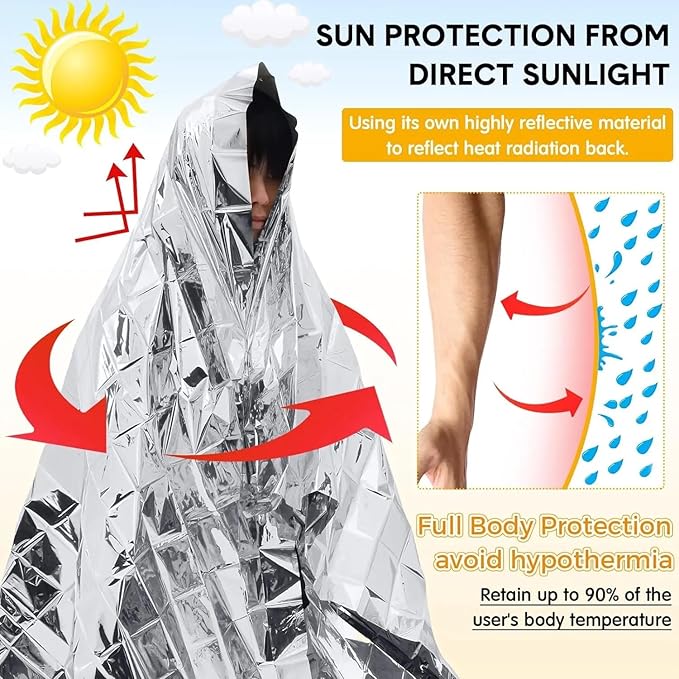 Emergency Survival Blanket, Mylar Thermal Blanket, Gigantic Space Blanket 82" x 63" (10)