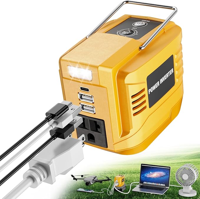 VAXCANZE 200W Power Inverter for Dewalt, DC 20V to AC 110V Inverter, Portable Power Station with 2 USB Ports & 1 AC Outlet & 1 Type-C Fast Charging, Battery Adapter with LED, Battery Not Included