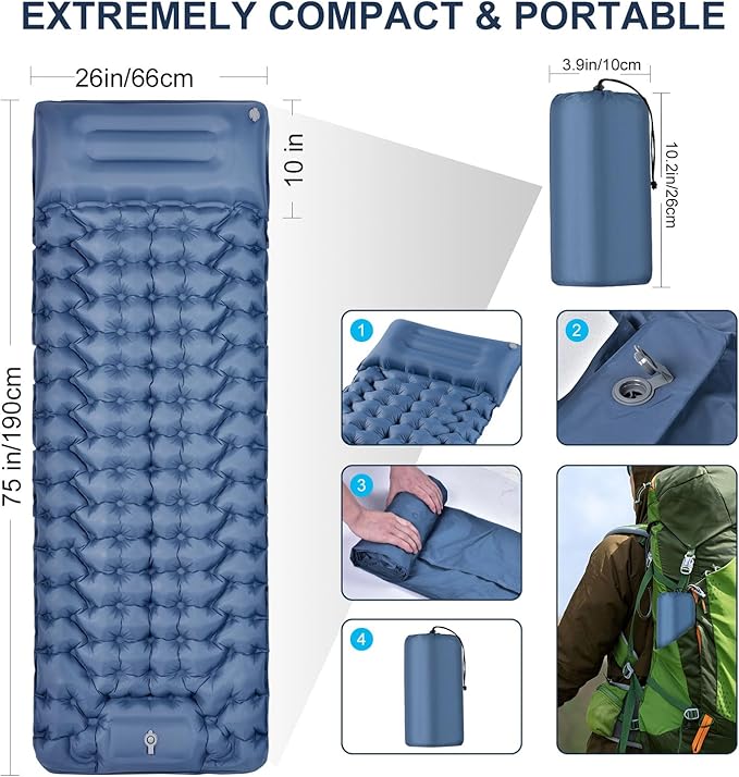 Camping Sleeping Pad | Ultra Lightweight & Compact | Ergonomic Camping Mattress for Indoor & Outdoor Use | Portable Sleeping Mat with Built-in Foot Pump & Pillow for Camping, Hiking, Travel & Guests