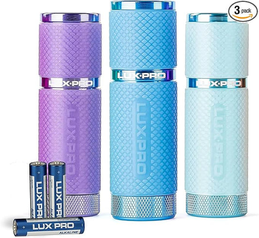 LUXPRO 3 Pack Mini Flashlights - LP395 Gel Glow in Dark - Aluminum LED Flashlights with Maximum Brightness of 40 Lumens - IPX4 Water Resistant - 3 AAA Batteries Included - Purple, Blue & Teal